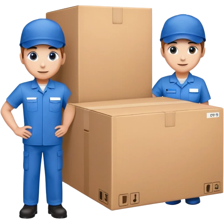two suppliers standing together holding a big box, both wearing blue caps and blue work uniforms emoji