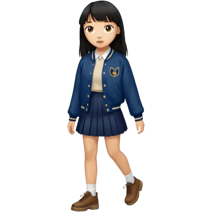 hair : black long hair with fringe 
skin : light 
outer : deep brown varsity jacket (oversize) 
skirt : navy long long school girl skirt (under knee)  
motion : walking alone 


 emoji