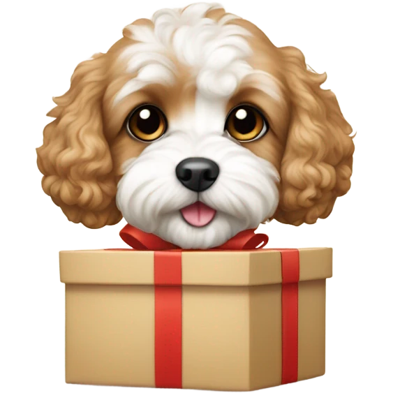 beige and white cavapoo with gift box emoji