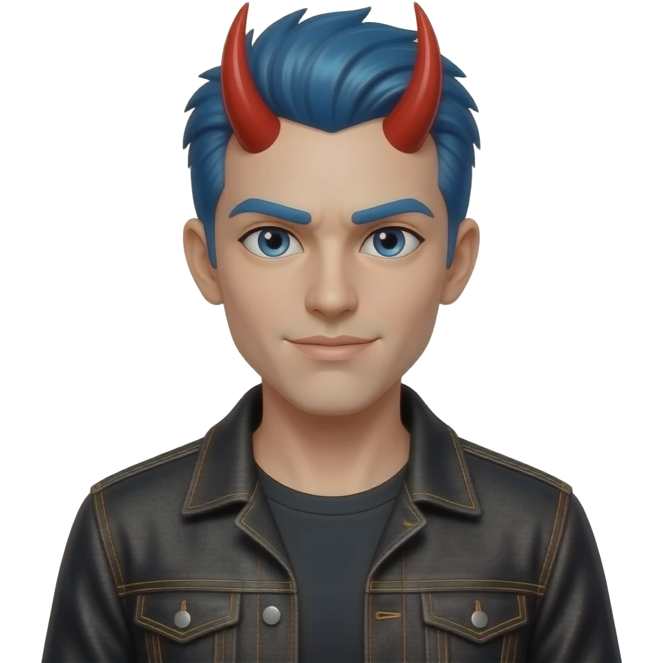 a devil man with blue hairs and red devil horns and wear a black jeans jacket emoji