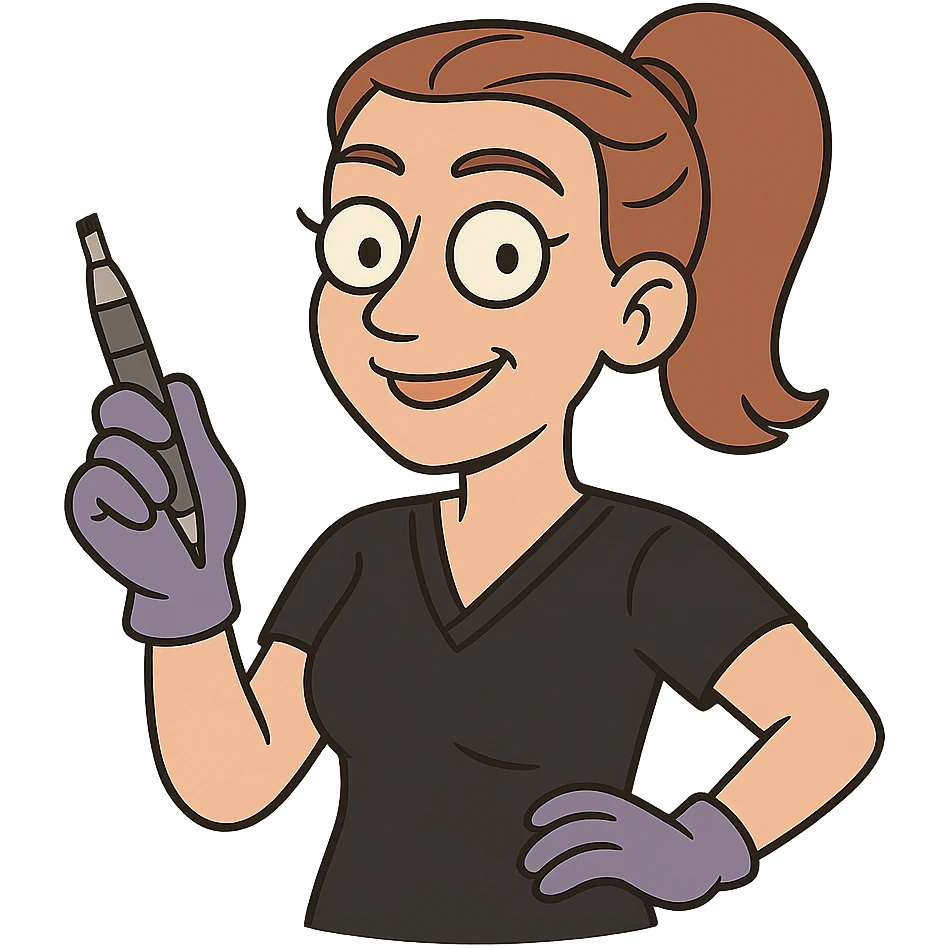 cartoon style microblading artist holding a microblading pen with a friendly expression emoji