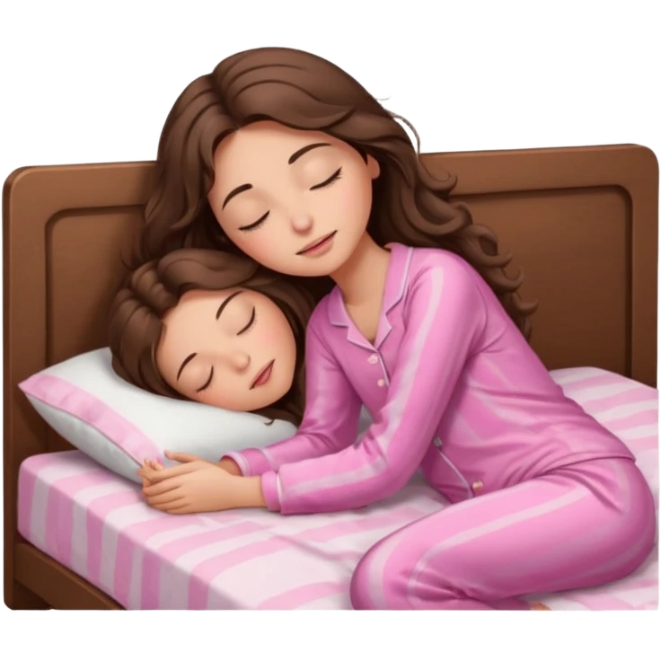 Brunette girl with long wavy brown hair with brown eyes and sleeping on a withe bed with cute pink pjs (just one whirl) and with closed eyes emoji