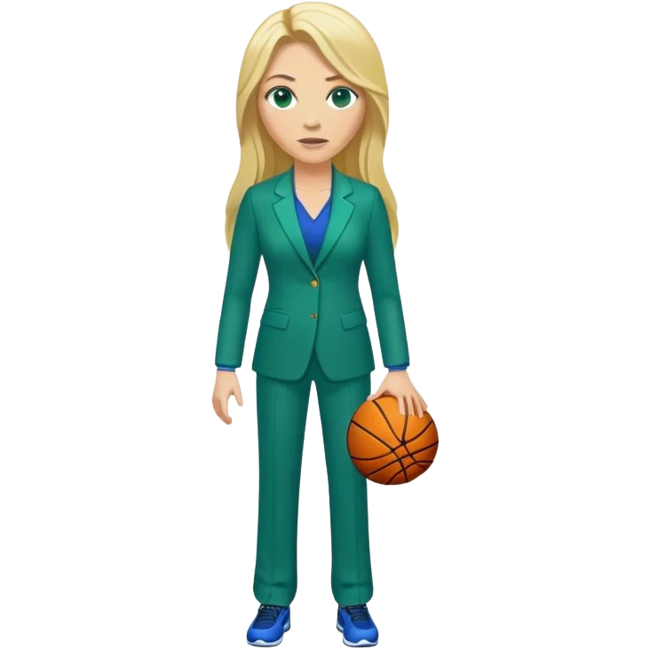 Full Body white female basketball head coach with long blonde hair in a blue and green suit emoji