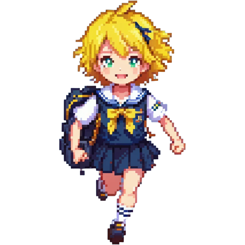 Pixel art anime girl with short bright yellow hair wearing Japanese sailor style school uniform, running energetically with school bag, happy determined expression emoji