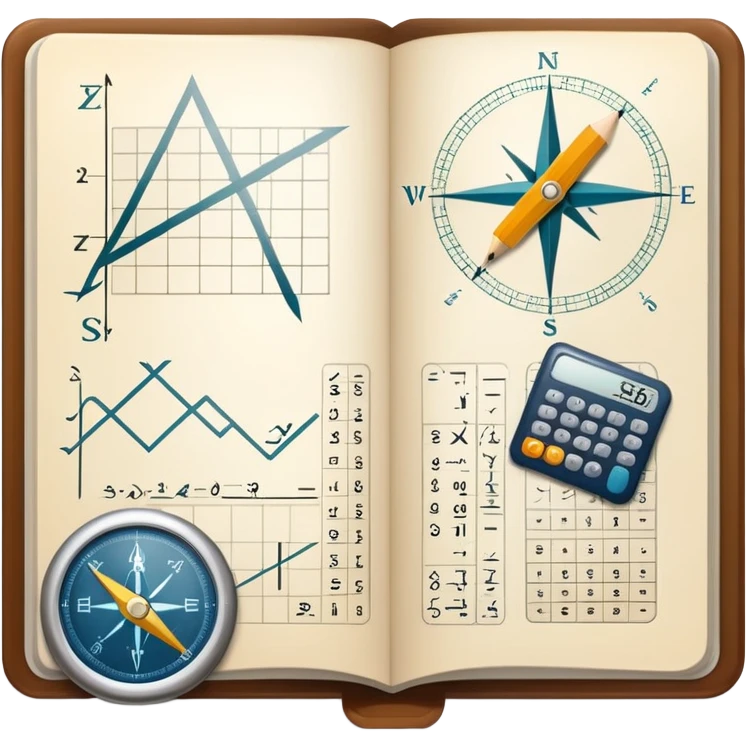 An icon featuring mathematical formulas, a calculator, and geometric shapes, symbolizing mathematics. The design includes a compass, a ruler, and a graph, representing the study of numbers, equations, and spatial relationships. Transparent background highlights the precision and logic of math. emoji