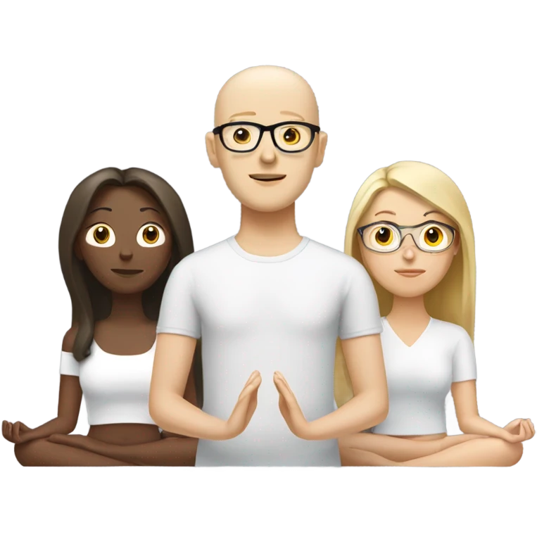 A white blonde person, a white brunette person and a brown bald person with glasses meditating with each other  emoji