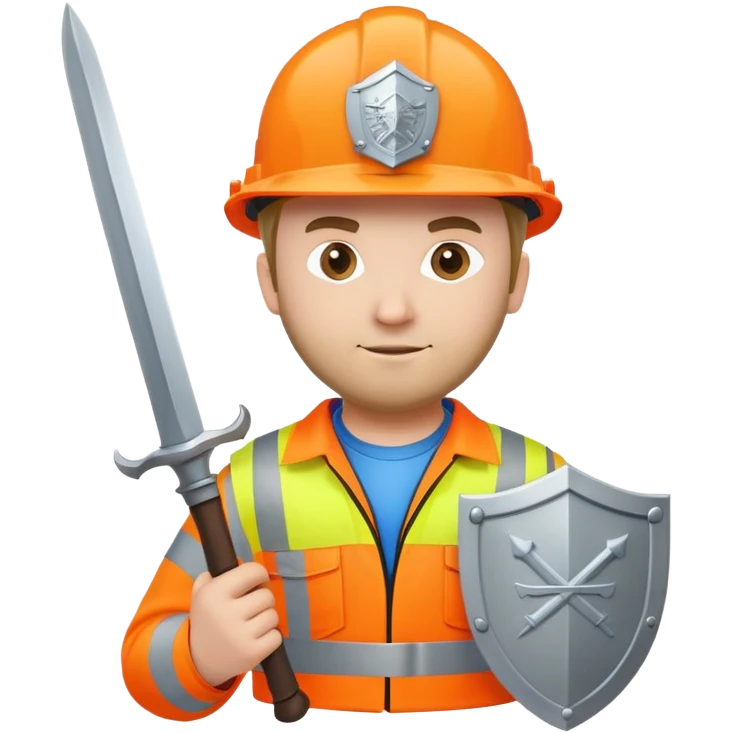 Telecoms engineer in orange hi vis and hard hat with sword and shield emoji