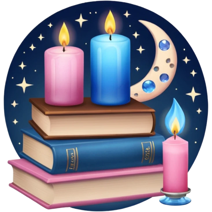 stack of books with a blue candle, pink crystal and brown moon mug. emoji