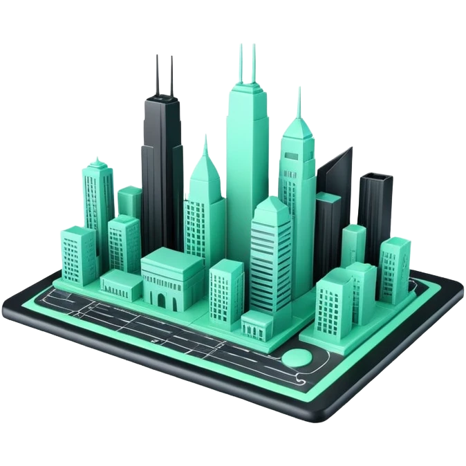 Urbanisme & Aménagement (Urban Planning), 3D techy icon with black and mint green (#B5F4D3) color scheme, city skyline with blueprint emoji