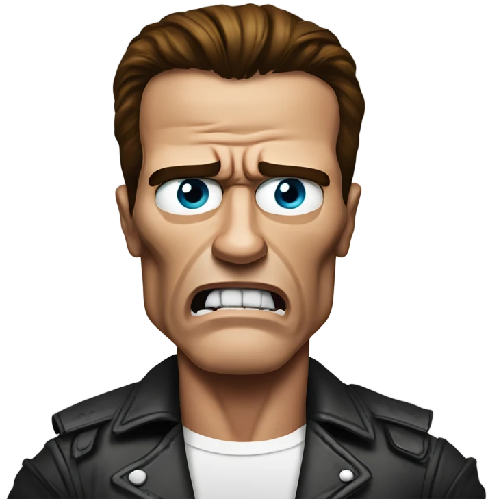 scared Schwarzenegger-like terminator, make tears visible, make him look friendly emoji