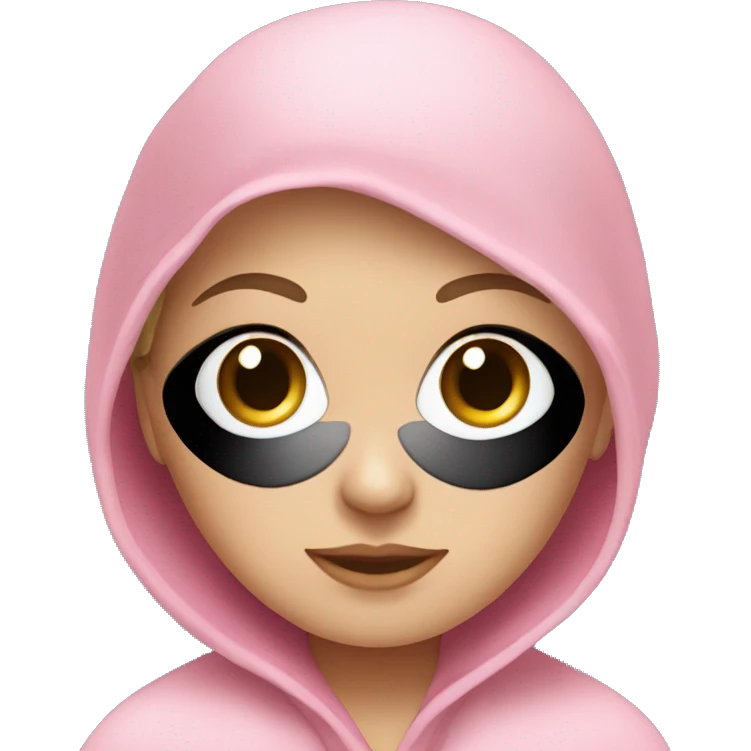 White girl blue eyes with eye patches and a towel on head wearing a pink robe emoji