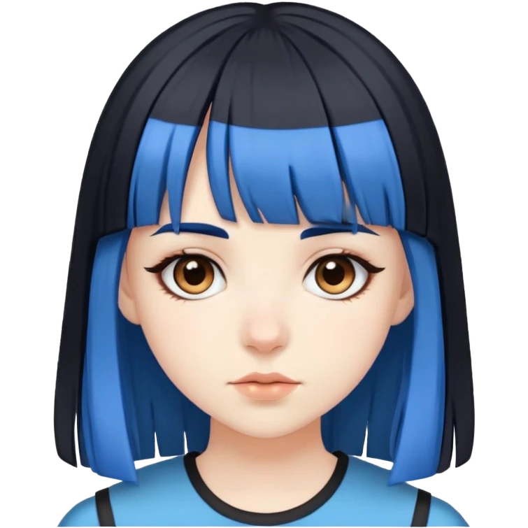 Pale girl with brown eyes, black hair, with two strips of blue hair and bangs emoji