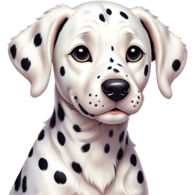 Cinematic Cute Spotted Dalmatian Portrait Emoji, Head tilted playfully and inquisitively, featuring a glossy Fur of predominantly white with dynamic black patches, round, sparkling eyes filled with gentle curiosity, Simplified yet irresistibly adorable features, highly detailed, glowing with a warm, friendly glow, high shine, affectionate and gentle, stylized with a touch of whimsy, bright and endearing, soft glowing outline, capturing the essence of a mischievous yet loving pup, so playful it feels like it could lumber out of the screen and into your arms! emoji