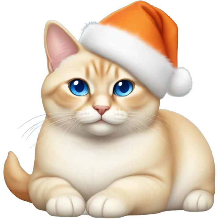 chubby fat, flame point Siamese, with white fur with orange accents, and blue eyes, smiling, wearing a red christmas hat  emoji