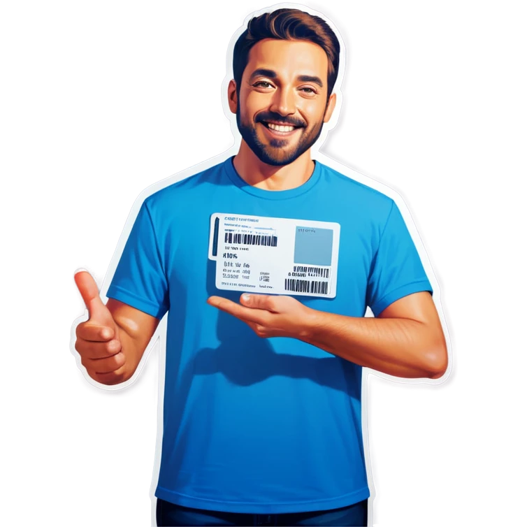 Man with pacific blue t-shirt that make a scan to a ticket emoji