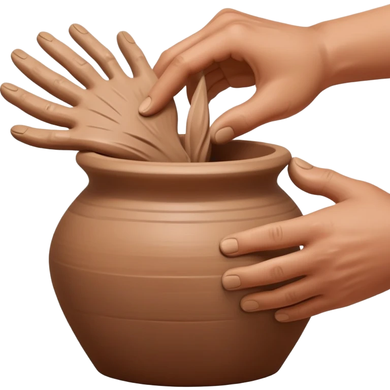 Hands making pottery, one hand inside clay vessel, one hand outside, pinching and lifting clay on a spinning pottery wheel emoji