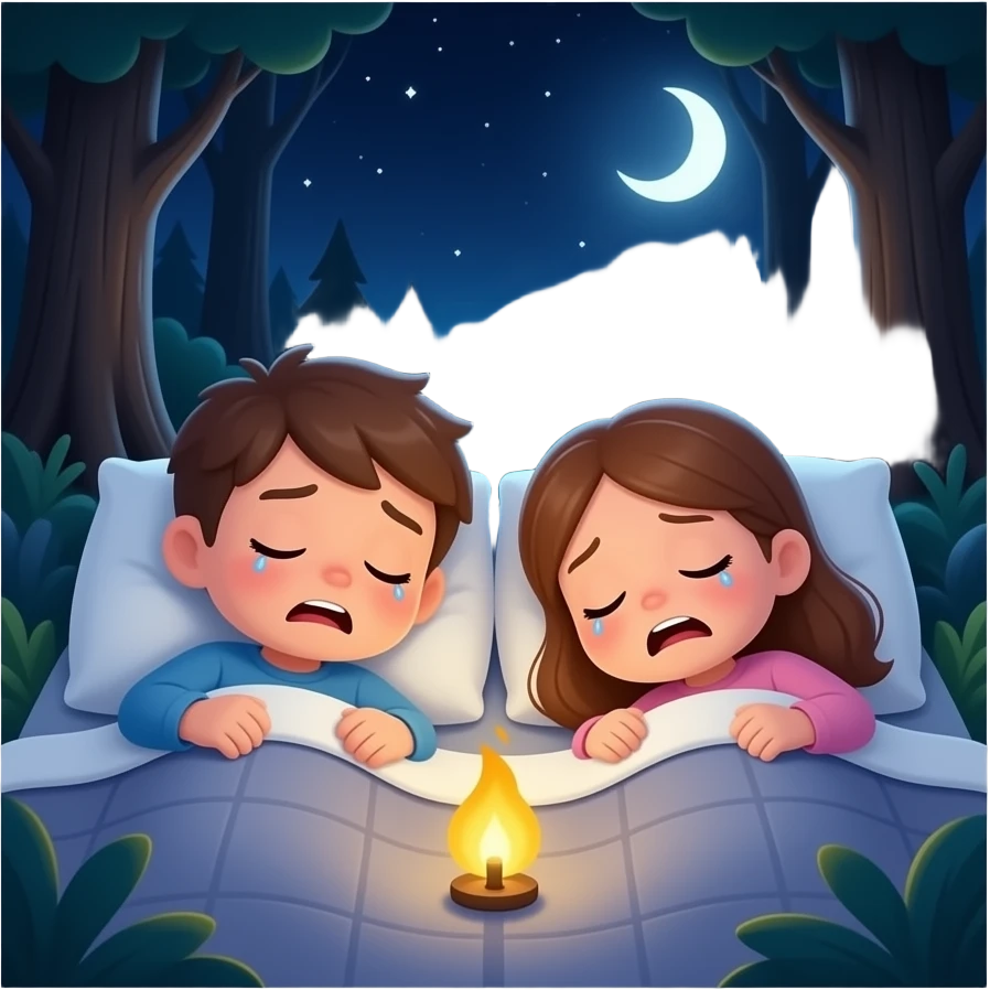 un niño y una niña que son hermanos durmiendo en el bosque, estan asustados y es de noche sin almoada y sin mantas! emoji