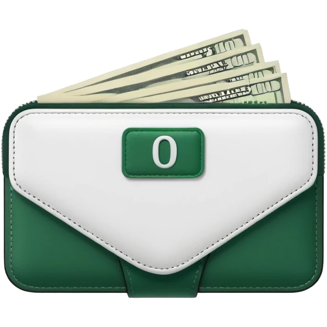 white wallet with dark green elements, white dollar bills with dark green numbers sticking out, modern minimalism emoji