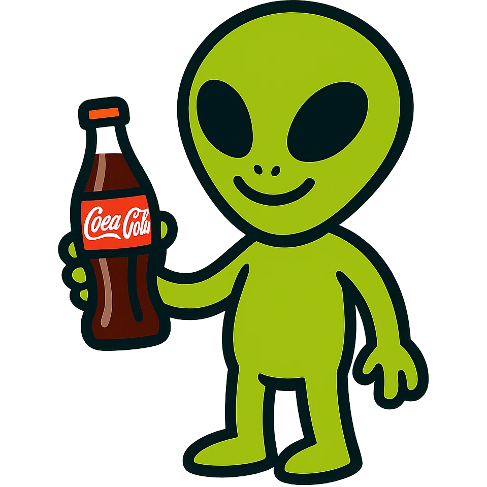 cartoon alien holding a Coke bottle, smiling emoji