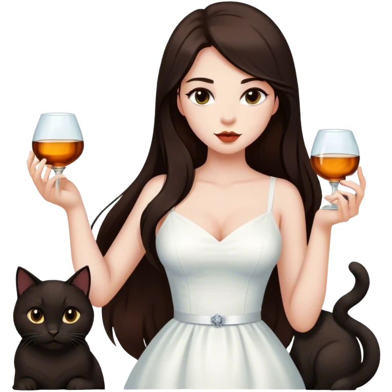 Beautiful woman in 1950’s woman fashion look, white dress, long dark brown hair, whisky with ice, black cat emoji