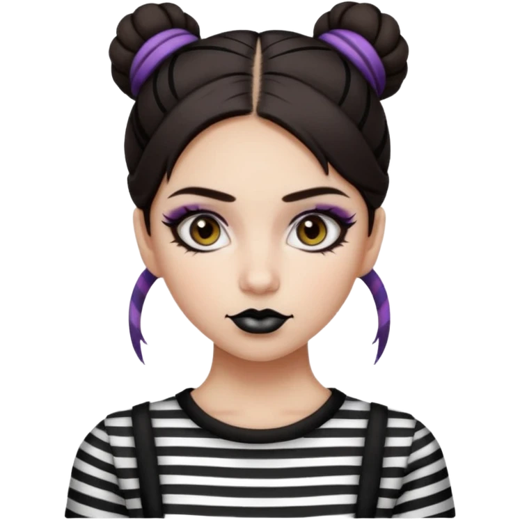 generate a pretty fair bratz girl with dark brown eyes. Dark brown hair straight hair with coloured highlights tied into buns.  eyeliner. black lipstick. Wearing a white and black striped top emoji