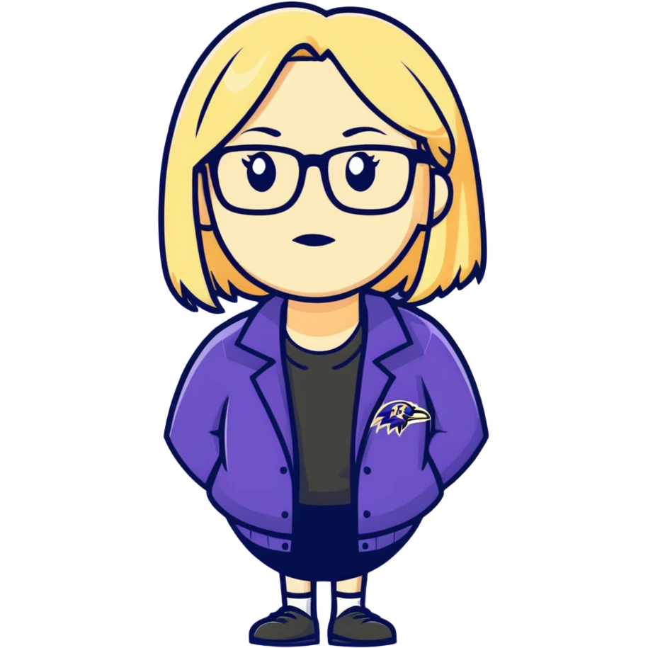 Make a sticker of a 60 year-old tall, blonde woman with glasses that’s rooting for the ravens emoji