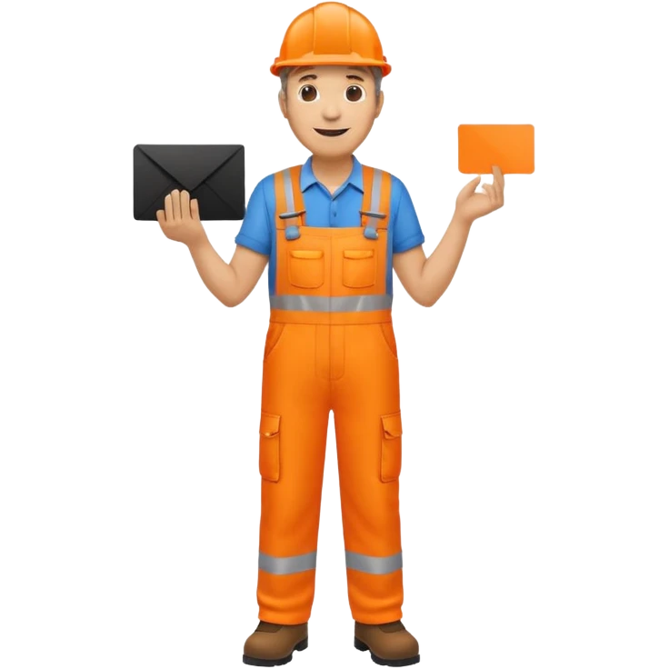 mature engineer hi-vis orange overalls standing full body holding a card emoji