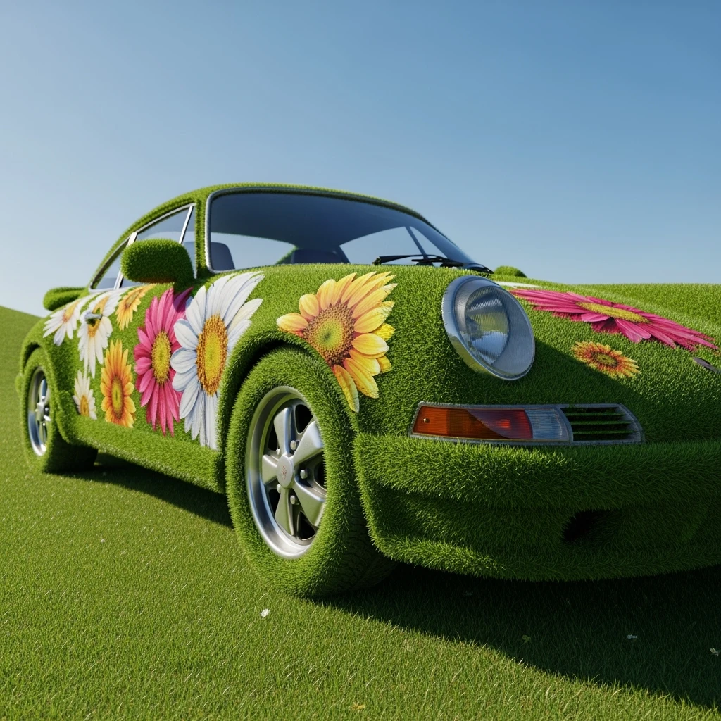 Closeup shot of a porsche 911, body of car made of grass and big colorfull flowers, green hill grass, blue clear sky, dutch angle, captured by ARRI 65 emoji