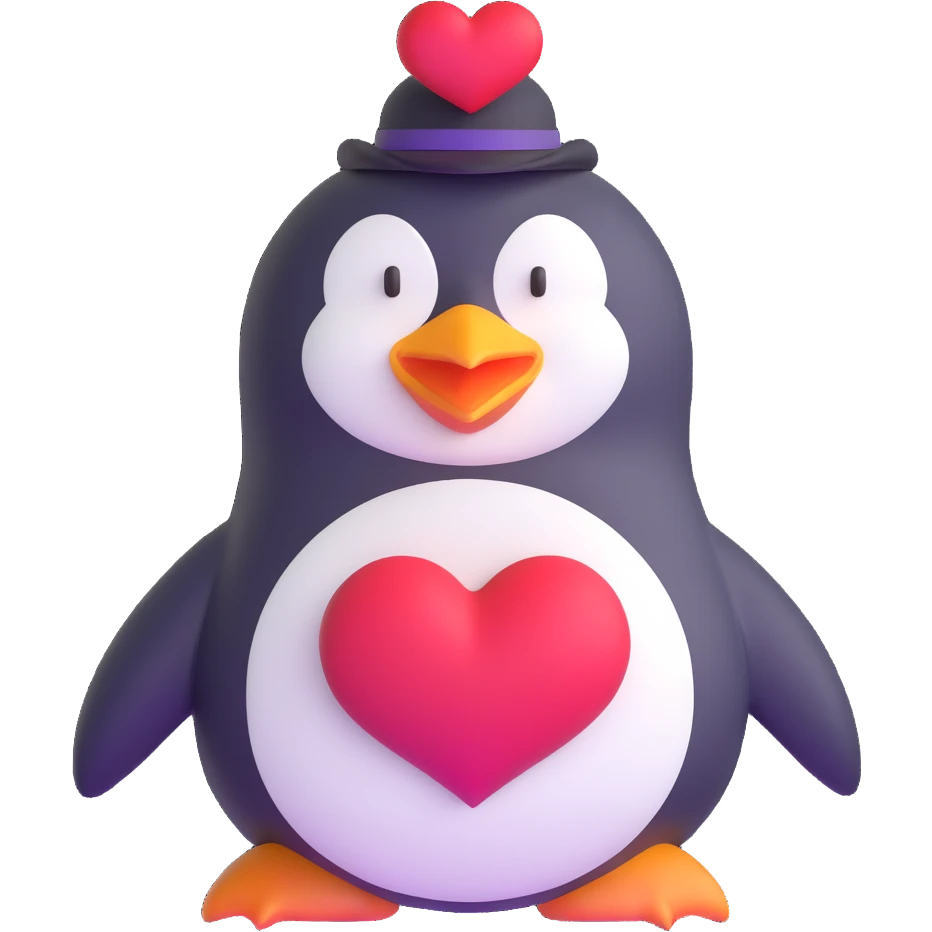 large penguin with a Discord hat and a large heart on chest emoji