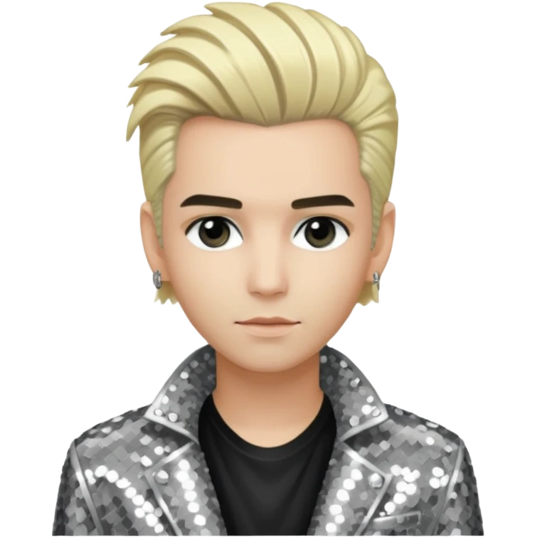  Bill Kaulitz from Tokio Hotel with blonde hair, silver sequin jacket, black shirt emoji