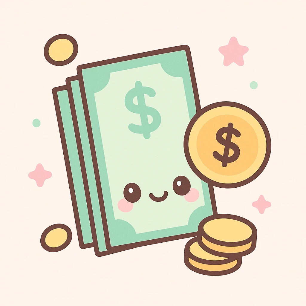 money, cash, dollar bills, coins, wealth in kawaii style emoji