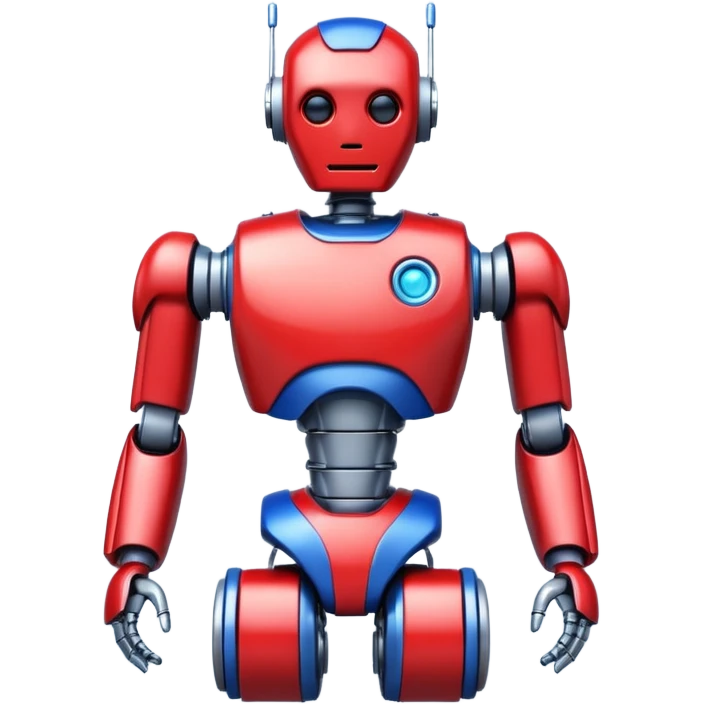 generate robot glossy, realstic, red and blue color, add text on chest "LMX" emoji