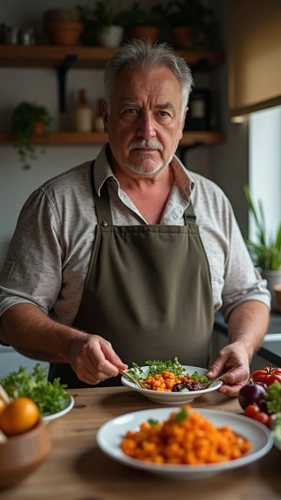 Uomo sui 35 anni in cucina, con espressione affaticata e spenta, guarda un piatto con pochissimi carboidrati (solo qualche verdura e proteine). Accanto a lui, fogli con una dieta rigida e una scritta visibile: 'Carboidrati troppo bassi'. emoji