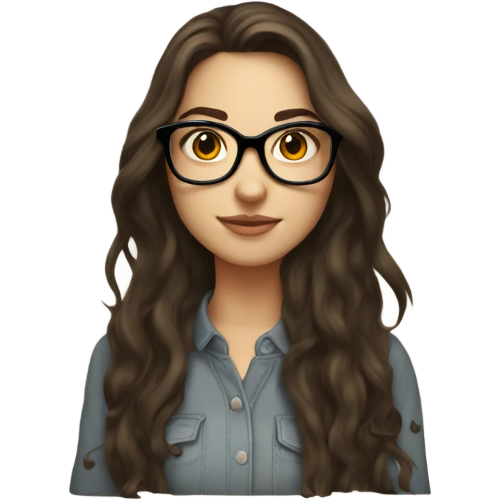 Brunette girl with roundish glasses volume long hair and  emoji