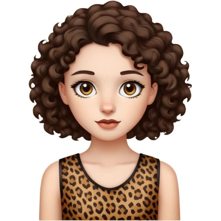 pale girl with dark brown eyes and curly dark brown hair with leopard print sleeveless shirt  emoji