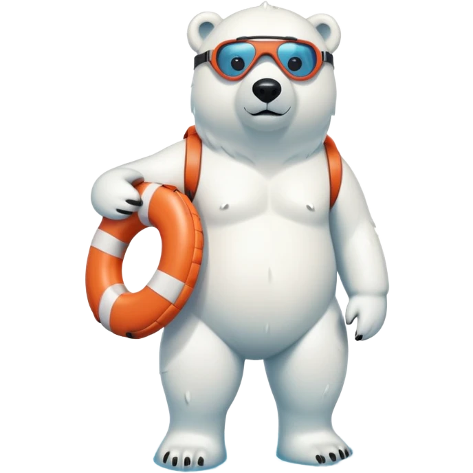 full body friendly anthropomorphised polar bear wearing swim suit and scuba goggles holding life buoy standing in puddle emoji