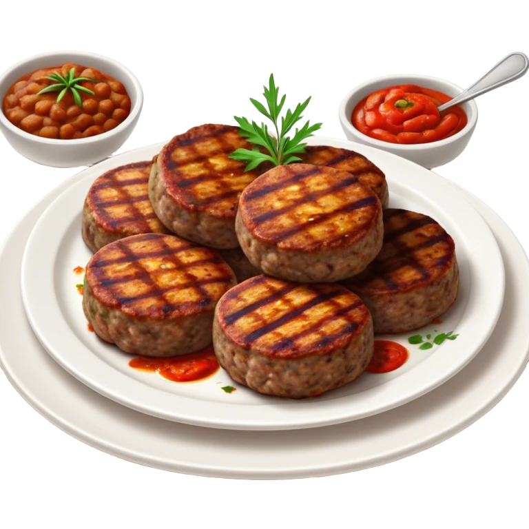 Cinematic Realistic image of Turkish Köfte, presented as perfectly formed, spiced meat patties with detailed textures and subtle grill marks, arranged artfully on a simple plate and illuminated by warm, appetizing lighting that accentuates their savory appeal. emoji
