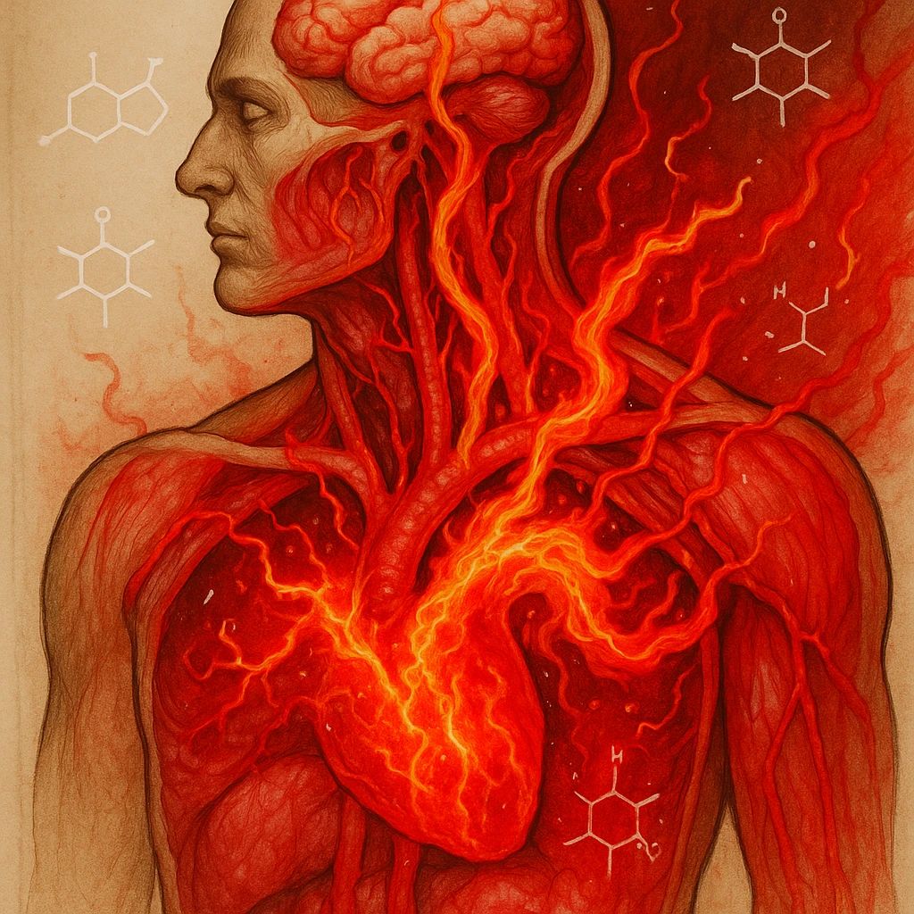 surreal anatomical section of a human body showing oxidized omega-6 fatty acids flowing through arteries like fire or acid, inflaming tissues; hexane molecules floating like chemical ghosts; strong exterior but visibly red and inflamed interior; medical illustration with bright red tones to highlight inflammation emoji