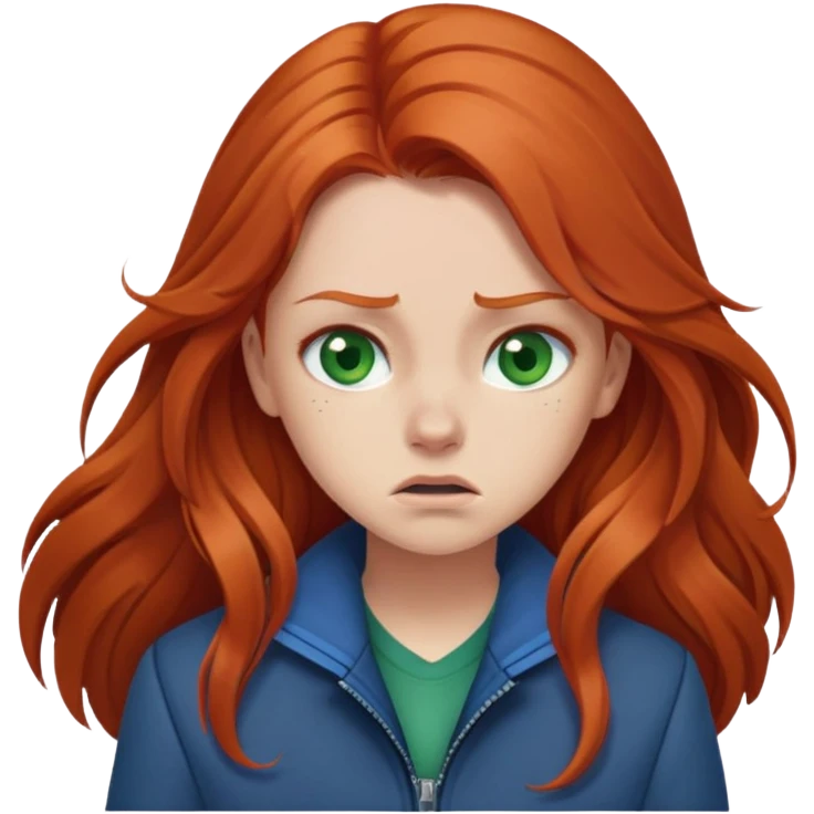Redhead girl with long hair, green eyes, blue jacket, upset expression emoji
