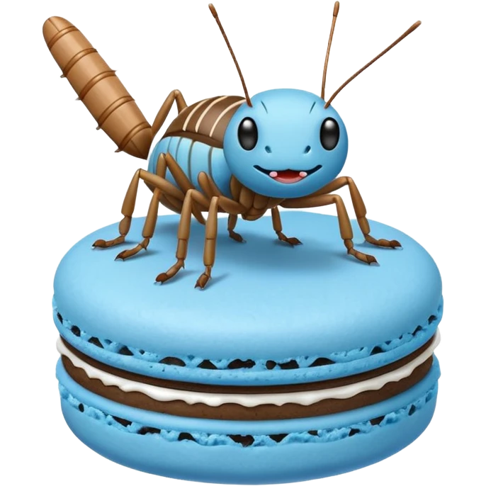 A cartoon cricket on a blue macaron with white frosting to be an icon image emoji