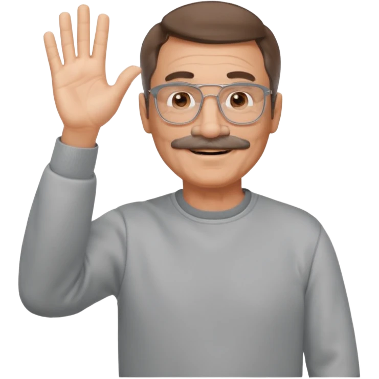 60 yr man partial brown hair parted in center, mustache, light glasses, sweatshirt waving hello emoji