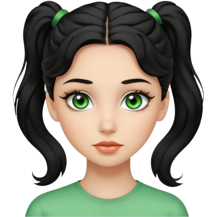 a girl with green eyes, black wavy hair in a ponytail, clean girl makeup emoji