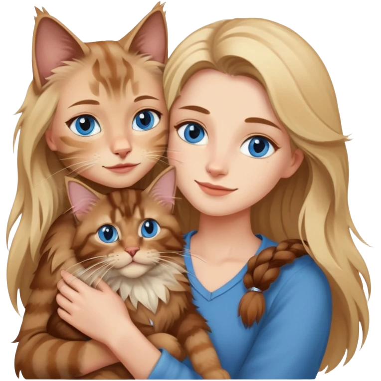A blonde blue eyed woman holds a brown Maine Coon cat in her arms emoji