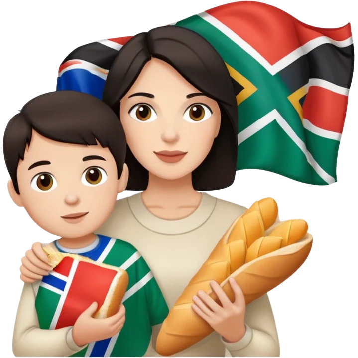 White dark hair Lady with son eating white bread and holding South African flag  emoji