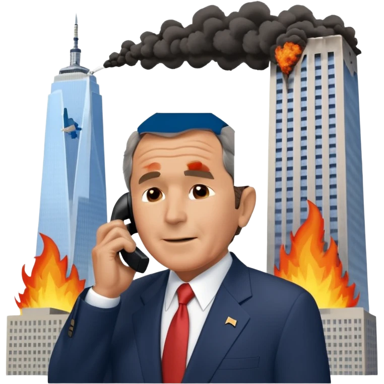  emoji of the world trade center with a plane crashed into it and george bush on a phone in front of them emoji