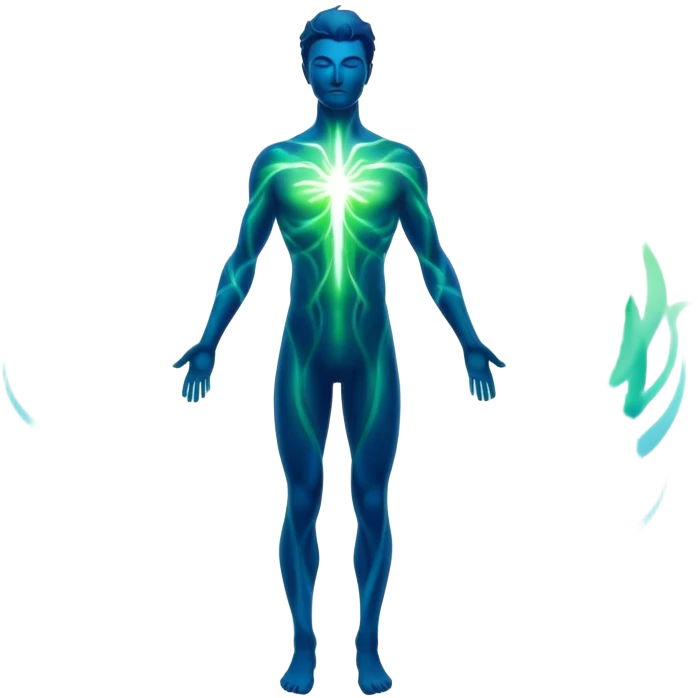 Masculine silhouette formed by radiating ethereal energy waves, abstract flowing aura in shape of man, minimalist emoji