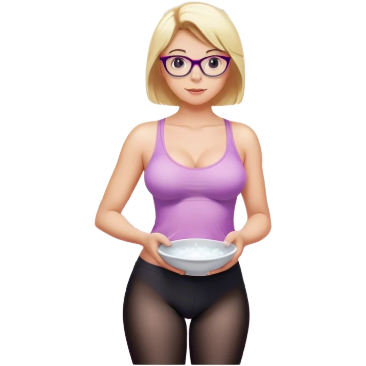 Thick fair skinned woman, short blond hair, small light purple reading glasses, washing dishes at the sink, sheer pink tank top, showing natural B cup breast shape SFW, black yoga pants, thick booty emoji
