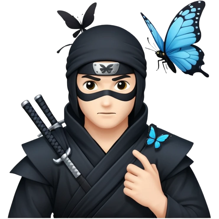 Crea una imagen con estos dos emoji 🥷🏻🦋
él ninja de piel blanca con la mariposa posada en el hombro como si estuviera volando. emoji