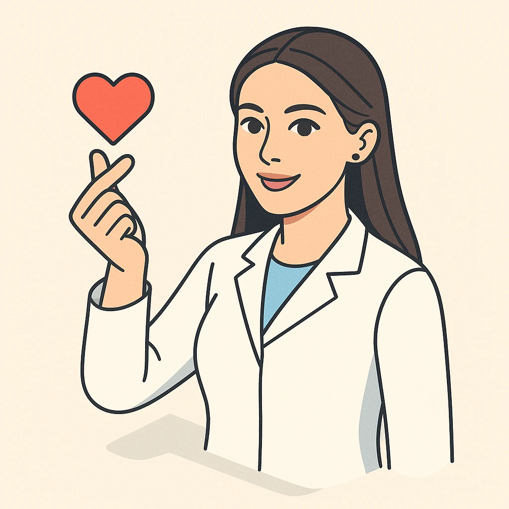 A 2D isometric style illustration of a female doctor with dark long straight hair and detailed brown eyes (not just dots), wearing a white coat. She is smiling and reaching into the frame with a heart gesture. Minimalist background. The appearance matches the reference image. emoji