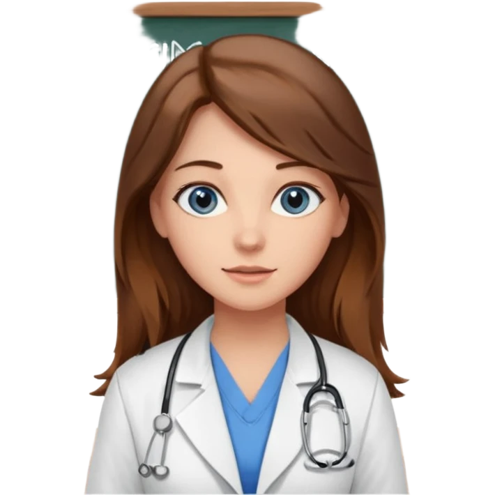 inside a classroom at university that says nursing school on the board with a pretty female nursing student with long brown hair, blue eyes emoji